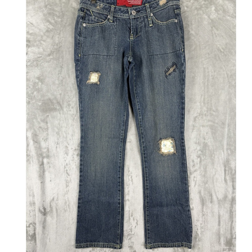 Y2K GUESS JEANS Womens Size‎ 26 Blue Denim Patchwork Sequin Bootcut Jeans